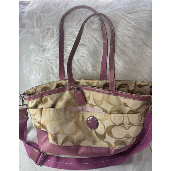 Coach Signature Canvas Tote Bag/Diaper Bag Pink Leather‎ Trim & Shoulder Strap - Picture 2 of 16
